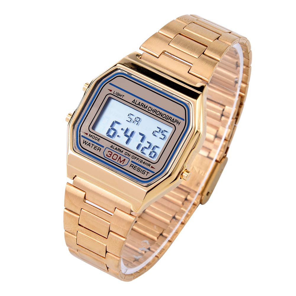 Wristwatch, 3Colors Digital Watch for Men & Women, Digital LED Back Light Electronic Stainless Steel Bracelet Strap Watch Rectangle Wristwatch, Gold