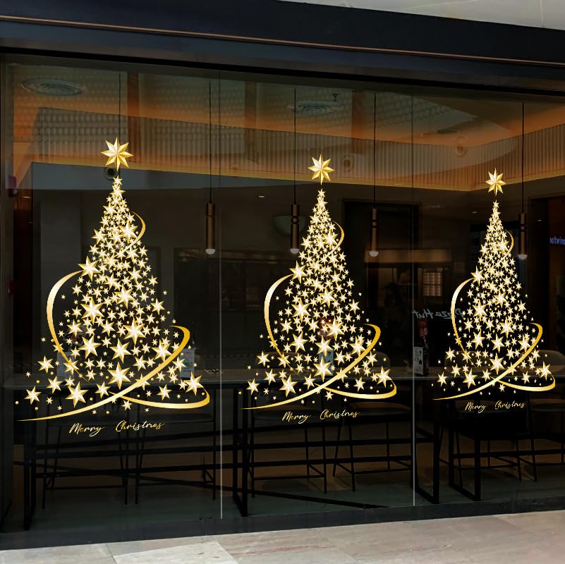 Cityhermit - 2 Pack Christmas Tree Stickers - Large Golden Christmas Tree - Wall, Window, Door Display - Window Stickers