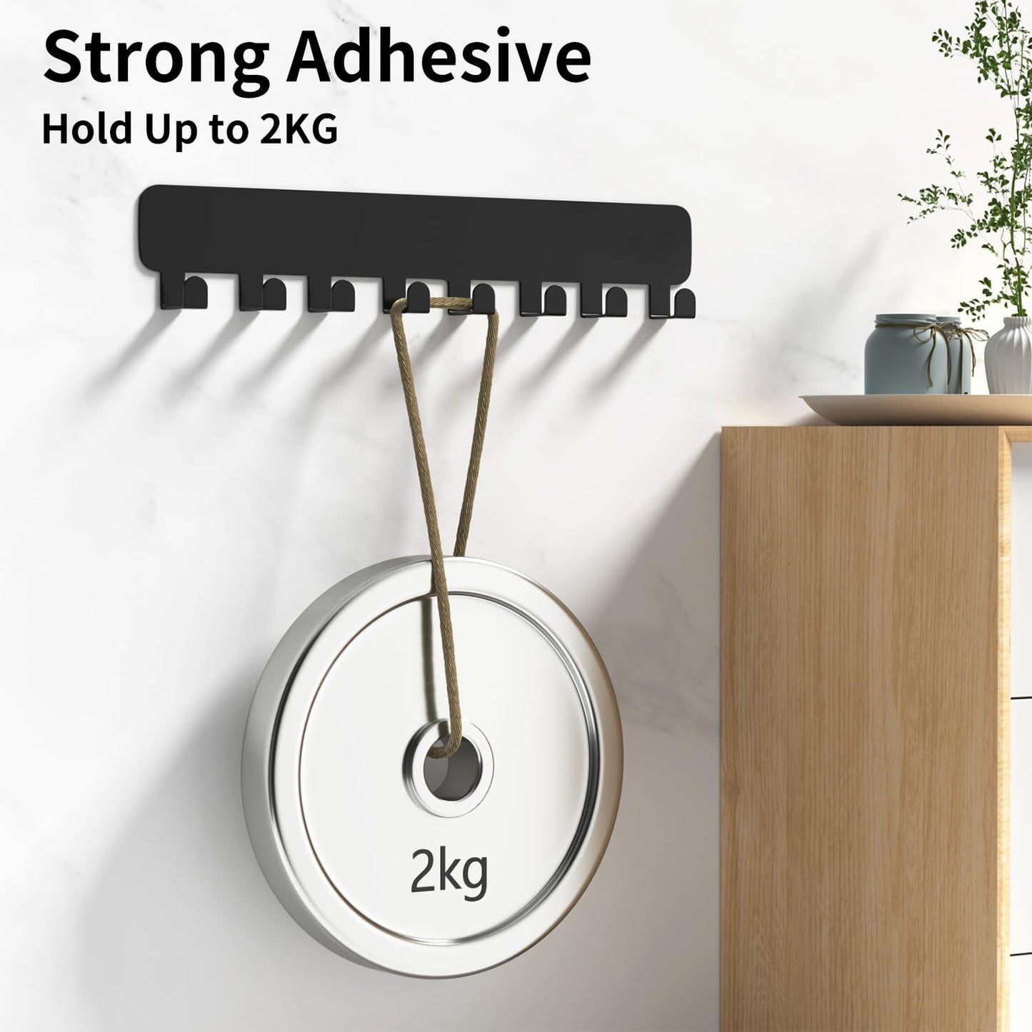 pickpiff Key Holder for Wall Self Adhesive, Key Hooks with 8 Hooks Wall Mounted, Black Key Hangers No Drill for Living Room, Kitchen, Office