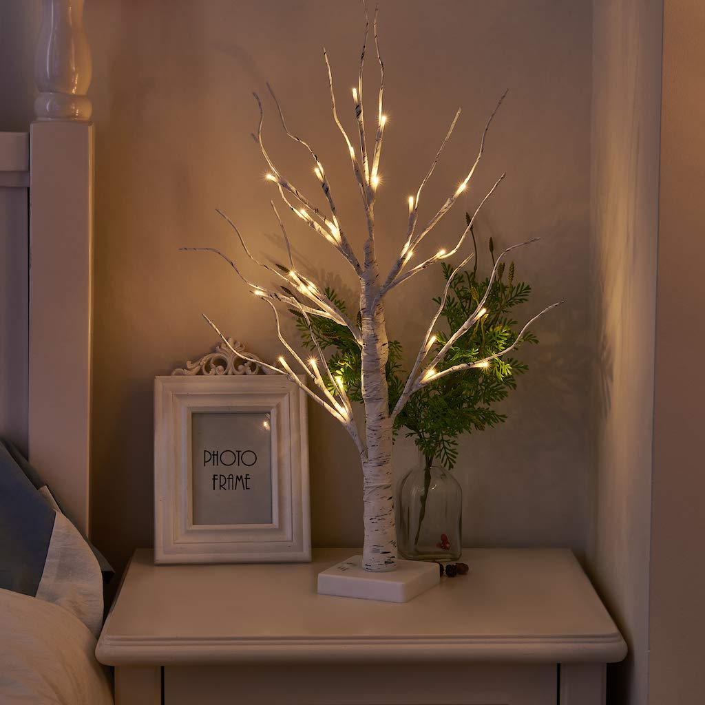 Eambrite Set of 2 Small Birch Twig Tree Lights Photo Display Tree with 24 Warm White LEDs Battery Operated Tabletop Decoration for Xmas Home Party Wedding (60cm/2ft)