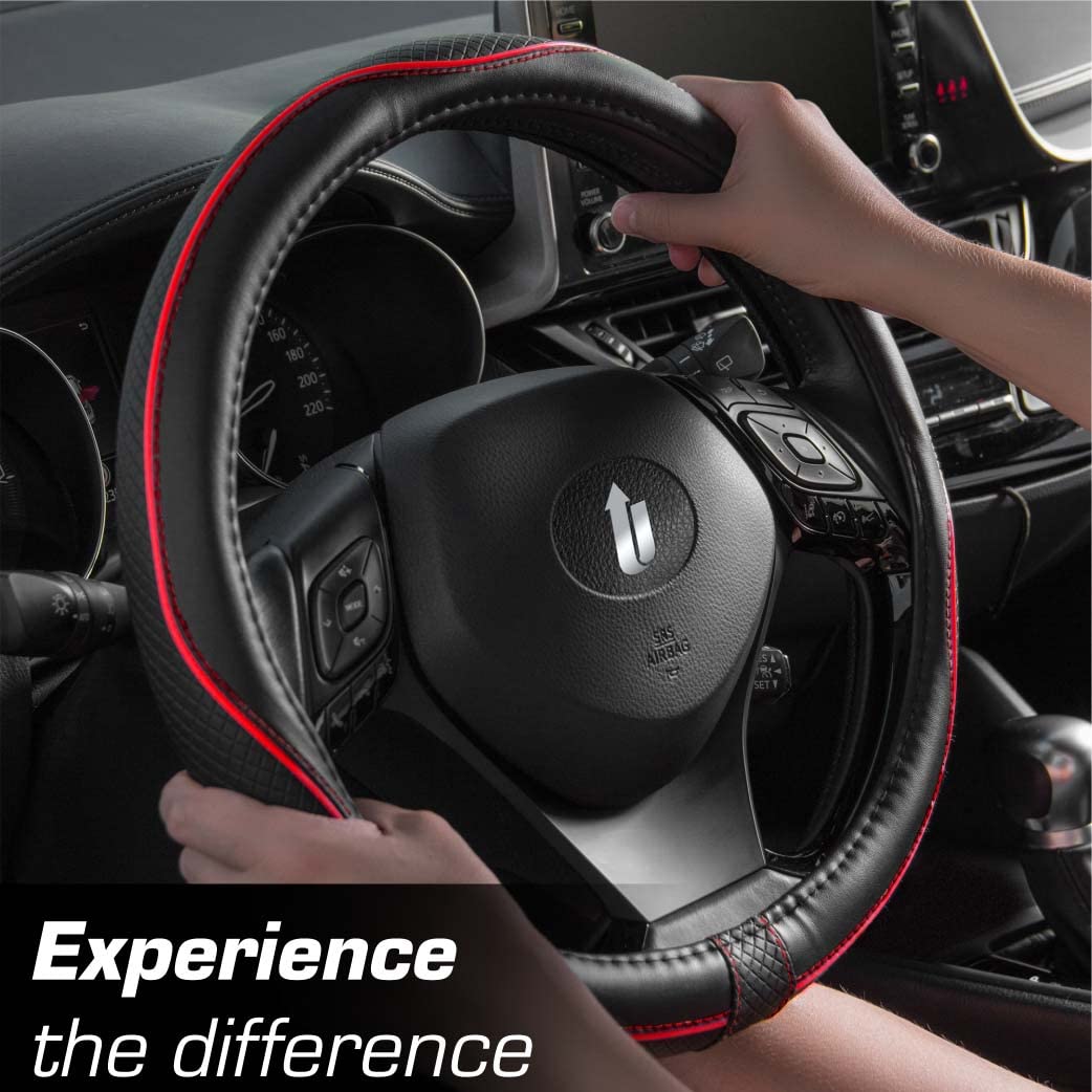 Upgrade4cars Steering Wheel Cover Red Black Leather Look | Universal Fit 14,5-15 Inch | Car Accessories Interior
