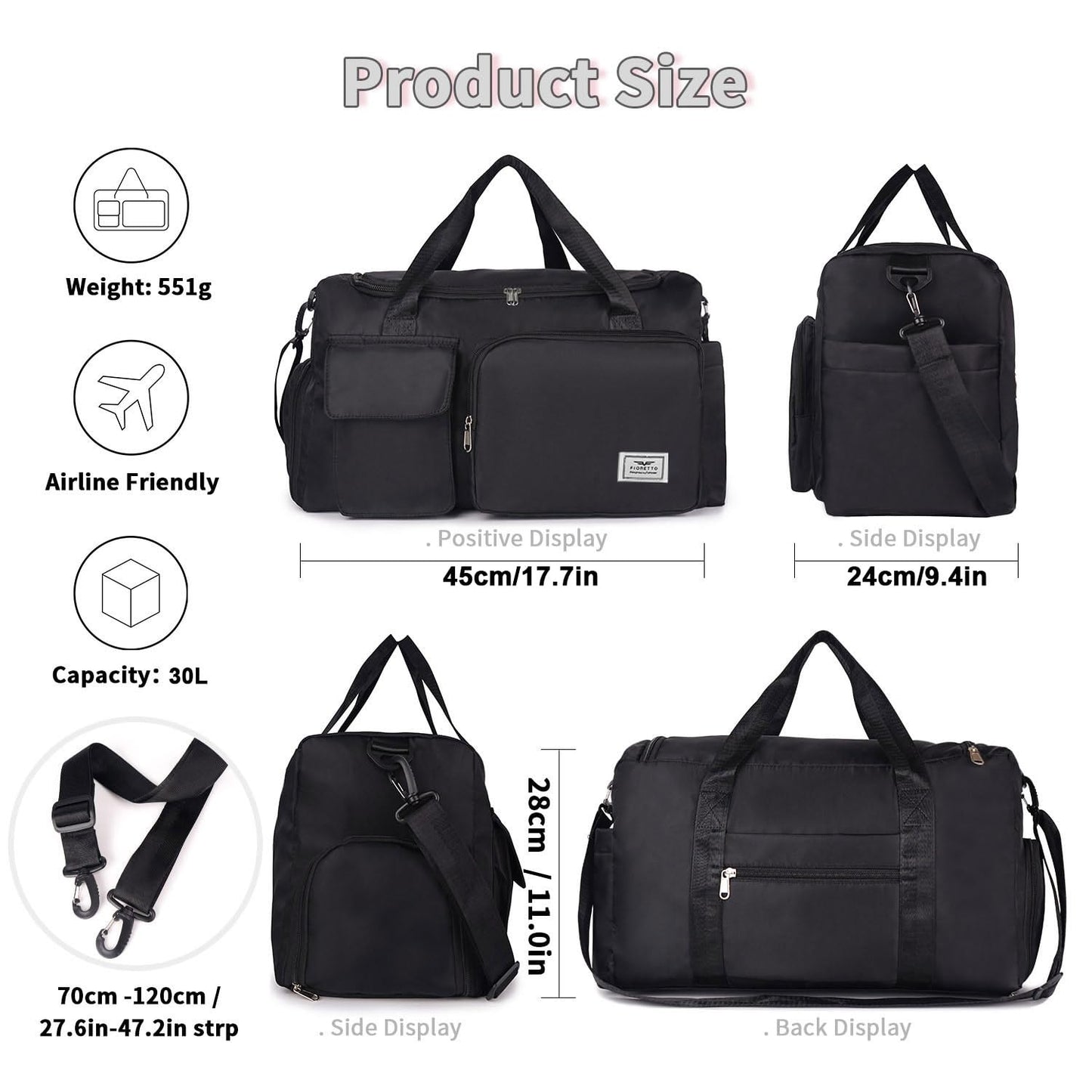 FIORETTO Womens Mens Sports Gym Bag Duffle Bag with Shoes Compartment, Weekend Travel Bag Overnight Bag for Women, Water Resistant Holdall Hospital Bag for Swimming Black