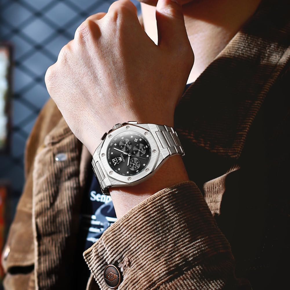 OLEVS Watch for Men Big Black Face Analog Quartz Diamond Mens Watches Chronograph Roman Numerals Stainless Steel Silver Men's Watch Luxury Large Wrist Waterproof Luminous Date Watches for Mens