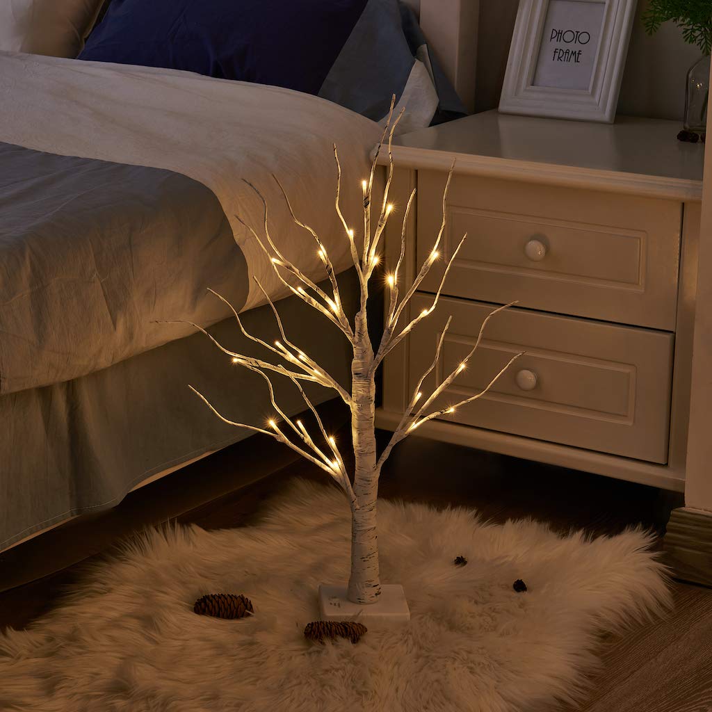 Eambrite Set of 2 Small Birch Twig Tree Lights Photo Display Tree with 24 Warm White LEDs Battery Operated Tabletop Decoration for Xmas Home Party Wedding (60cm/2ft)