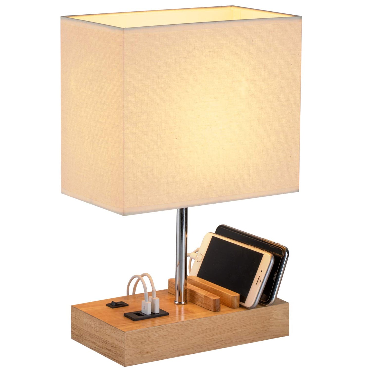 USB Bedside Table Lamp, HHome Plus Desk Lamp with 3 USB Charging Ports and Phone Charge Dock, Wood Charging Station and Organizer, Perfect Light for Bedroom, Guest Room, Living Room, Office