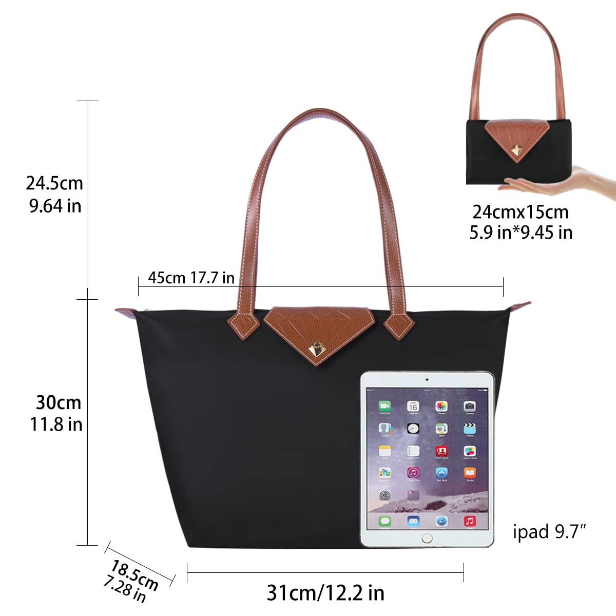 BOJLY Tote Bags for Women Stylish Waterproof Nylon Ladies Shoulder Bag Top Handle Handbag Folding Beach Travel Bag for Work,Shopping, School Black Large