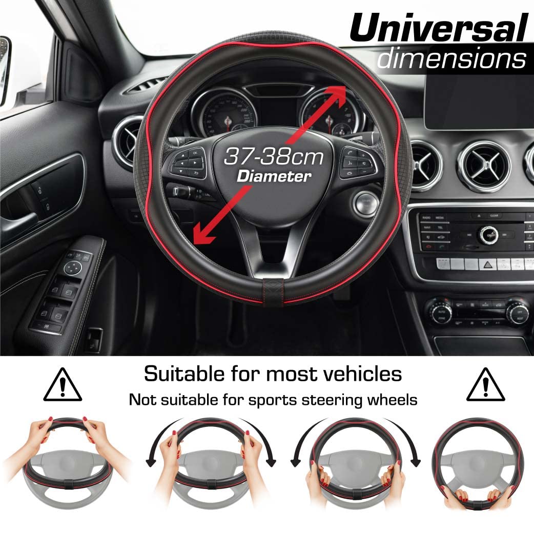 Upgrade4cars Steering Wheel Cover Red Black Leather Look | Universal Fit 14,5-15 Inch | Car Accessories Interior