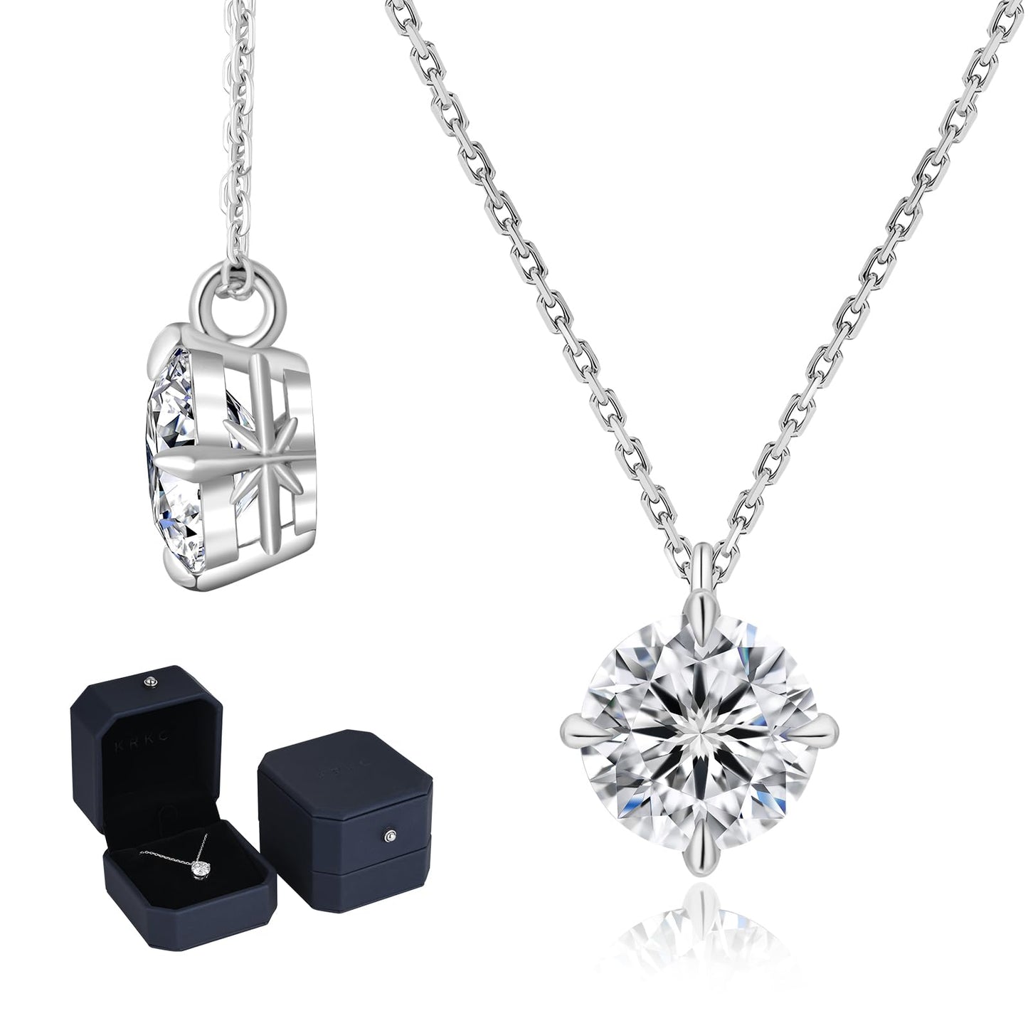 KRKC Moissanite Necklace for Women, 0.5-3CT Lab-Grown Diamond Solitaire Pendant Necklace, White Gold S925 Sterling Silver for Birthday Wife Mom (Classic Claw-White Gold, 6.5mm-1CT)