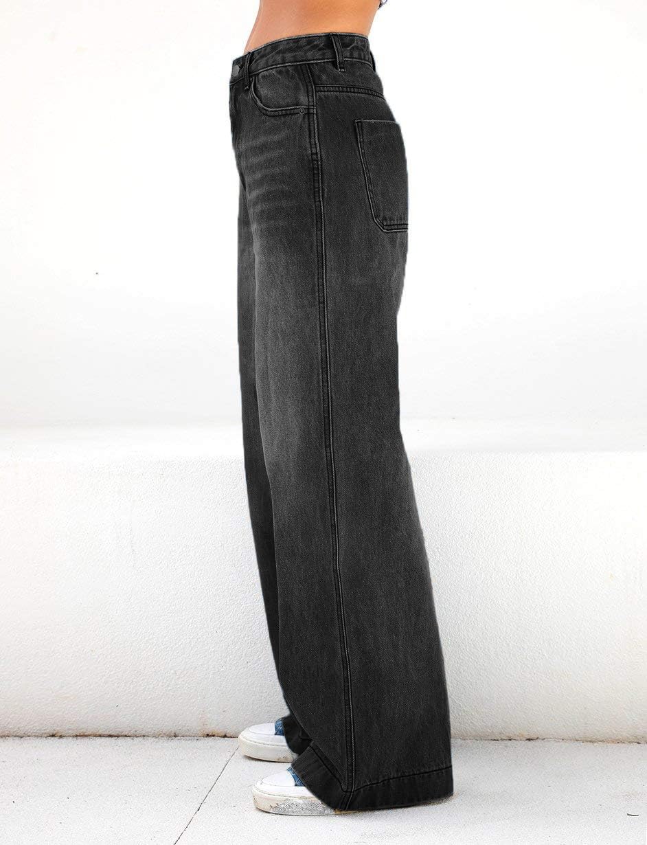 EMMIOL Women's Casual Baggy Jean Distressed High Waisted Denim Pants Stretch Baggy Loose Wide Leg Jeans Black