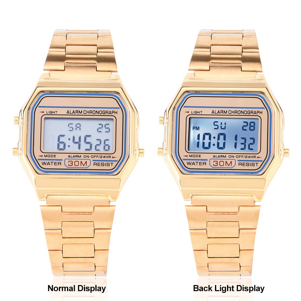 Wristwatch, 3Colors Digital Watch for Men & Women, Digital LED Back Light Electronic Stainless Steel Bracelet Strap Watch Rectangle Wristwatch, Gold