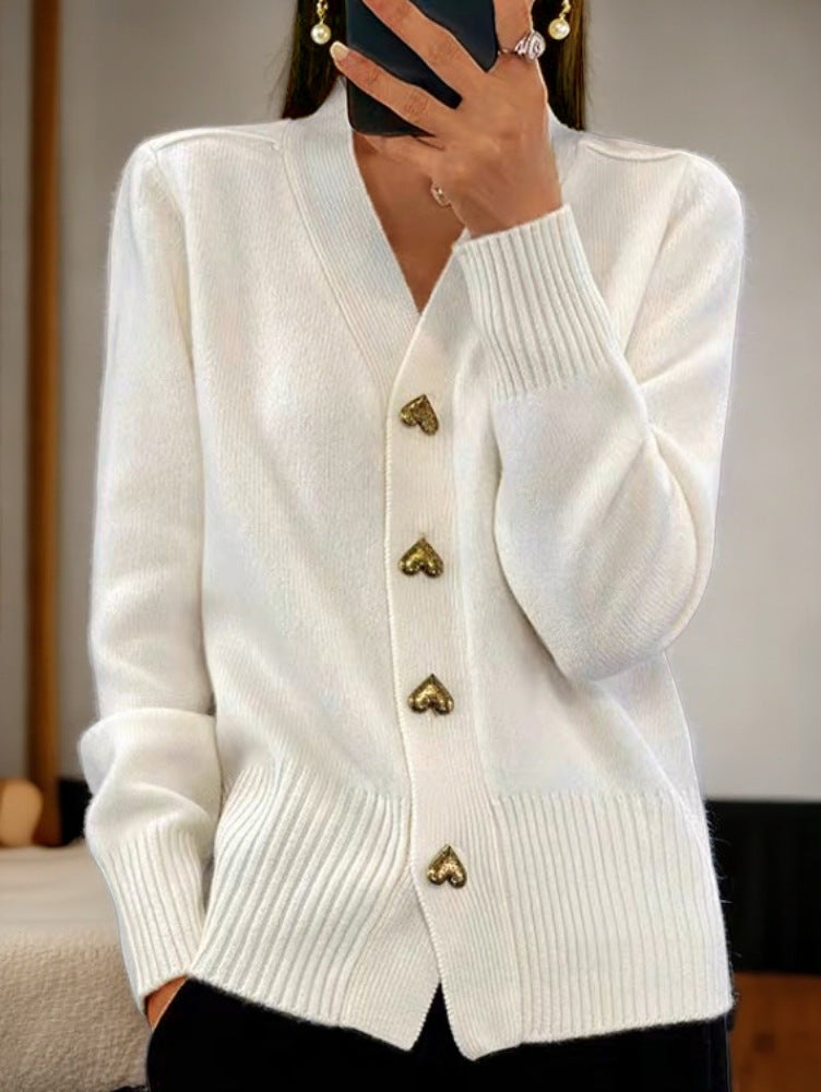 Heart Buckle Solid Color Knitted V-neck Cardigan Loose Sweater For Women