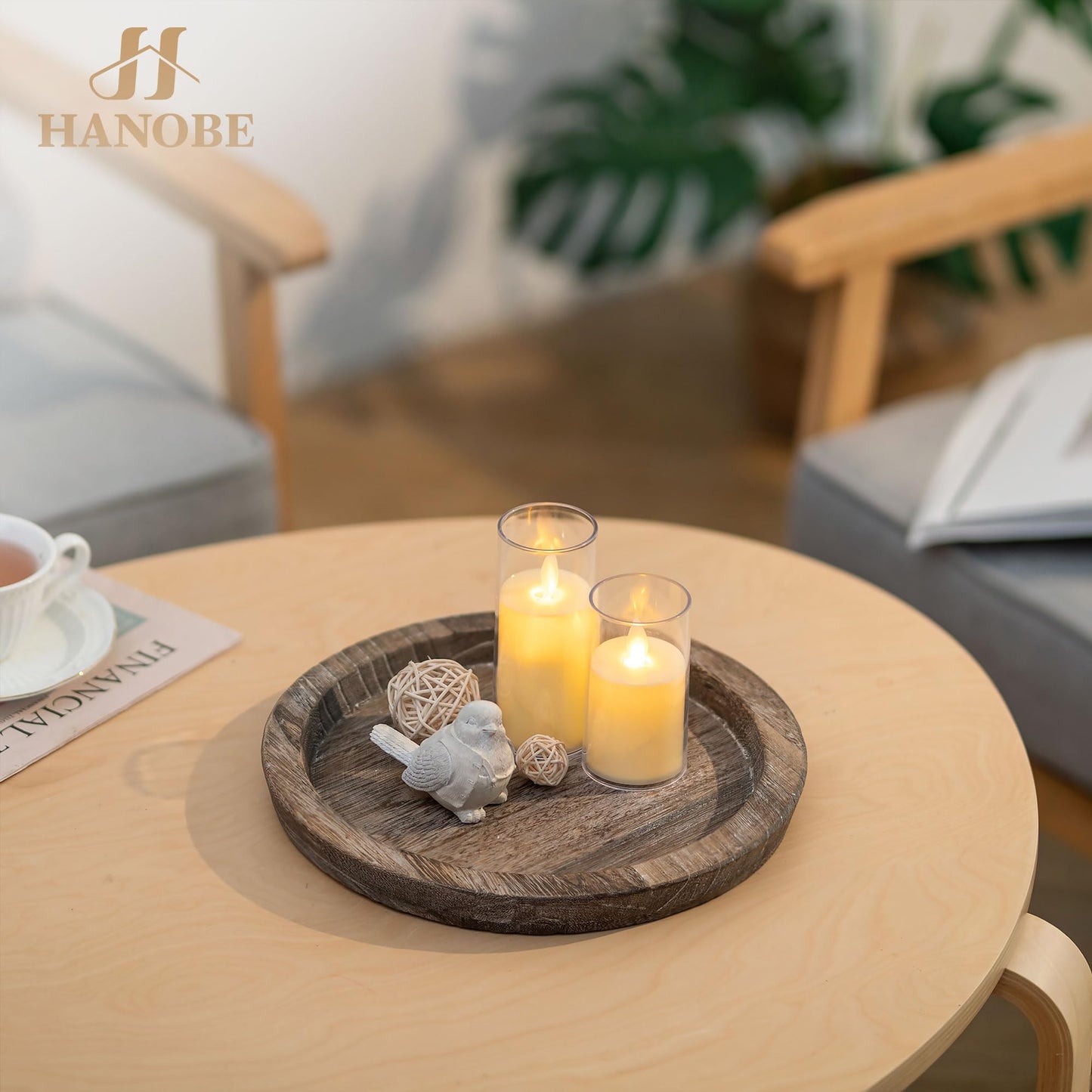 Hanobe Wooden Candle Holder Tray: Round Decorative Candle Plate Farmhouse Table Centerpiece Rustic Wood Tealight Pillar Trays for Christmas Wedding Halloween Home Decor
