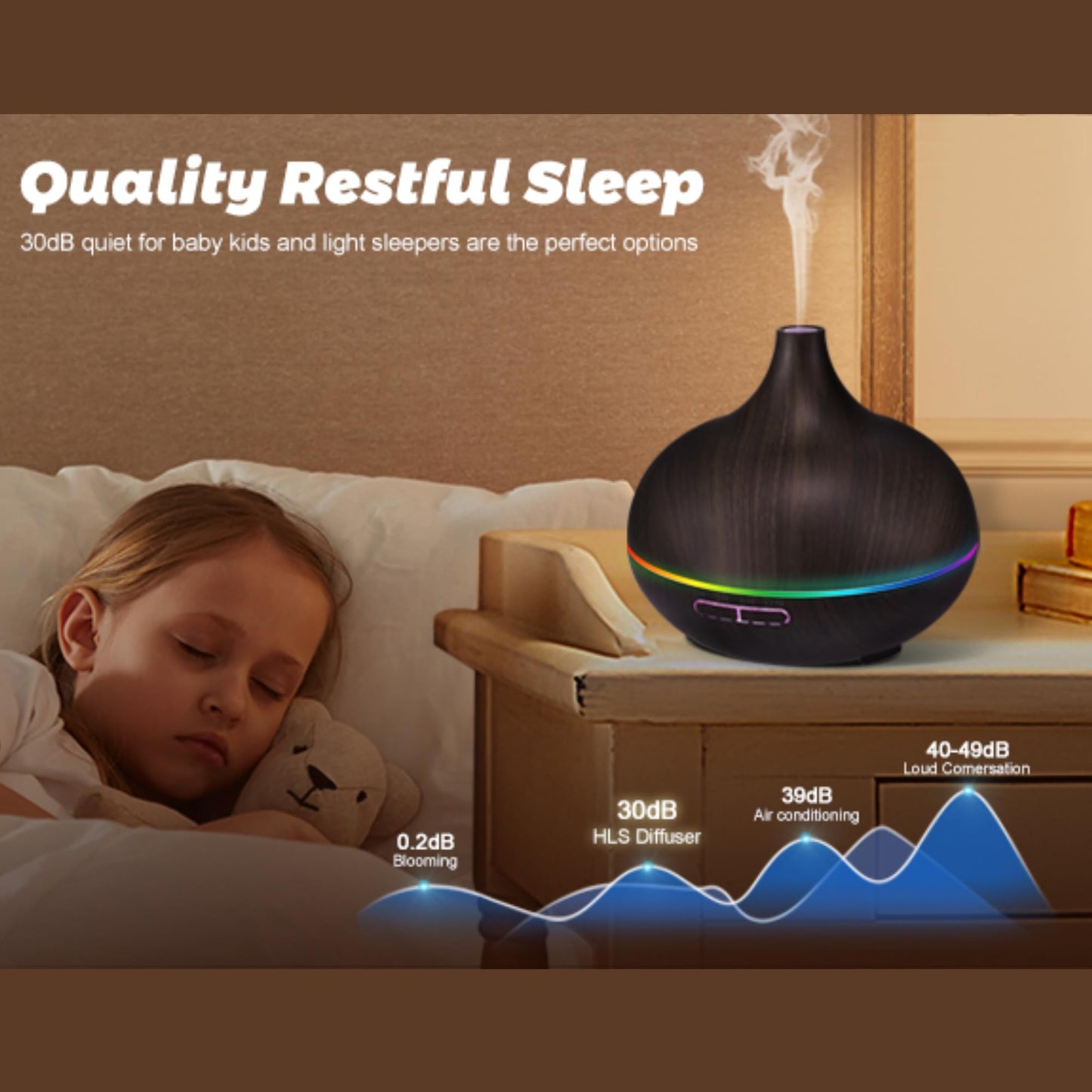 Diffusers 500ML with 8 Essential Oils Set - Essential Oil Diffuser with Remote Control - Aromatherapy Oil Diffusers With 7 LED Lights - Dark Wood Grain Ultrasonic Cool Mist - For Home Bedroom Office