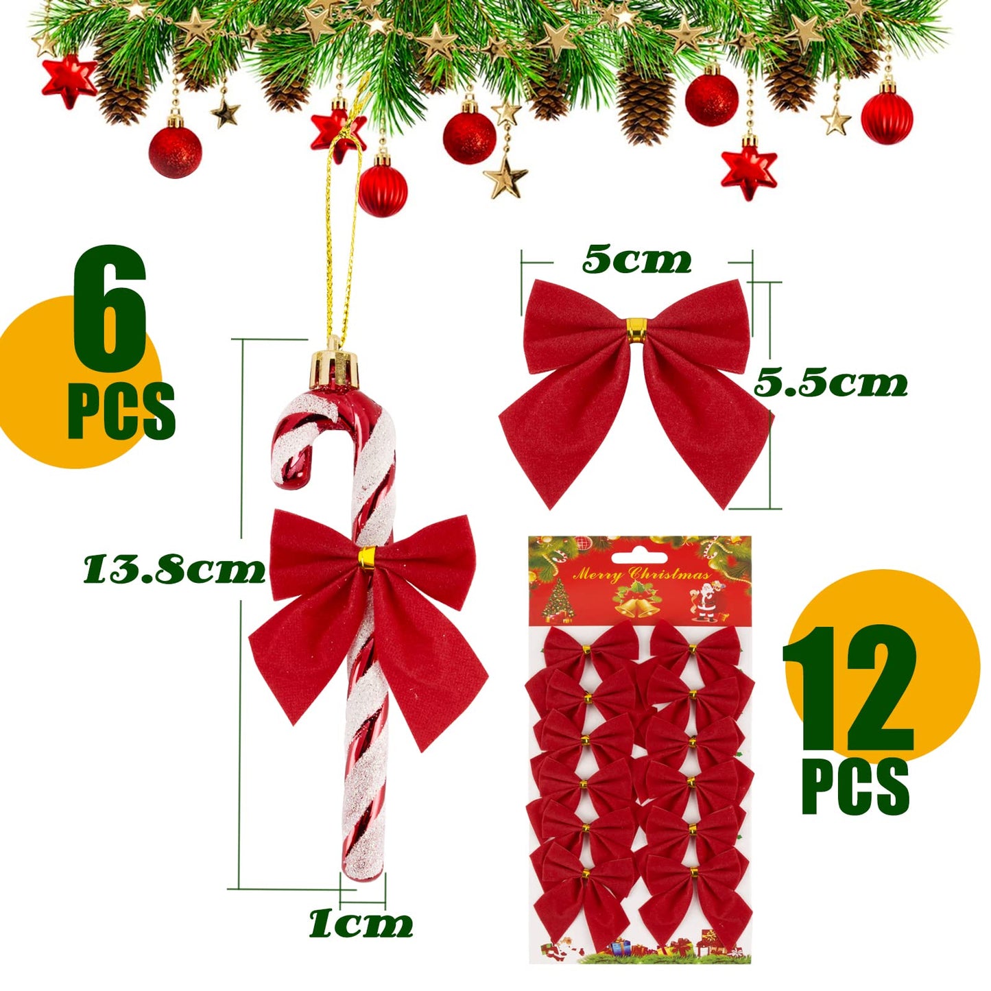 18pcs Christmas Decorations Candy Canes Red White and Small Red Bows for Christmas Tree Decorations Hanging Ornaments (Red)