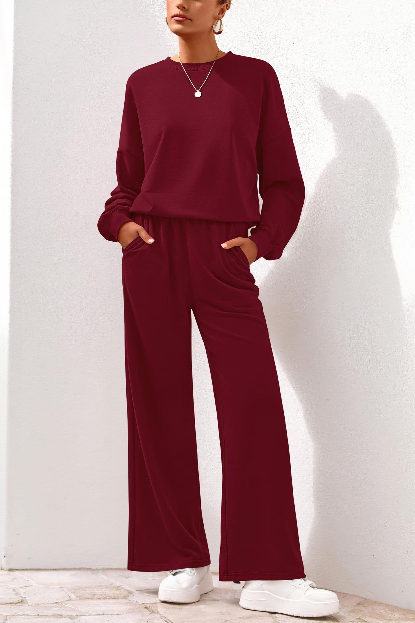 PRETTYGARDEN Women 2 Piece Outfits 2025 Fall Sweatsuits Crewneck Sweatshirt Wide Leg Sweatpants Lounge Sets Tracksuit(Burgundy,X-Small)