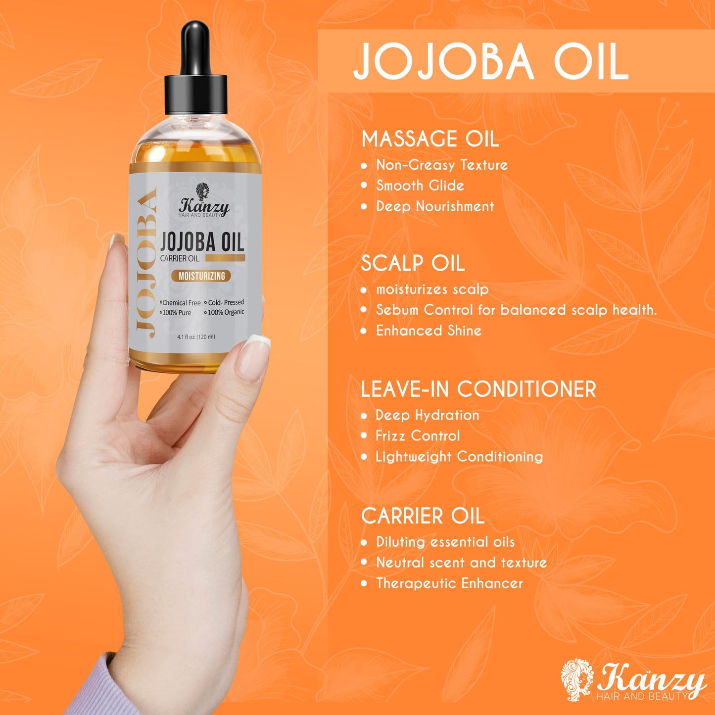 Kanzy Organic Cold Pressed Jojoba Oil 120ml - 100% Pure for Hair, Nails, Eyelash & Eyebrow Growth - Vegan & Cruelty Free for Skin, Face & Body as Carrier, Massage Oil