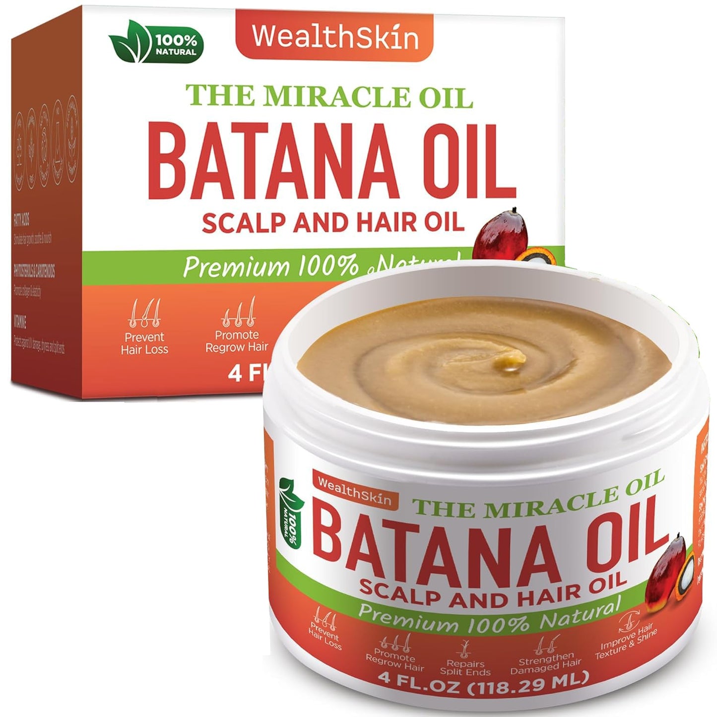 Wealthskin 100% Pure Batana Oil – Cold Pressed in Honduras | Natural Scalp & Hair Oil for Shine, Softness & Thicker-Looking Hair | Raw & Unrefined – 4 fl oz (118 ml)