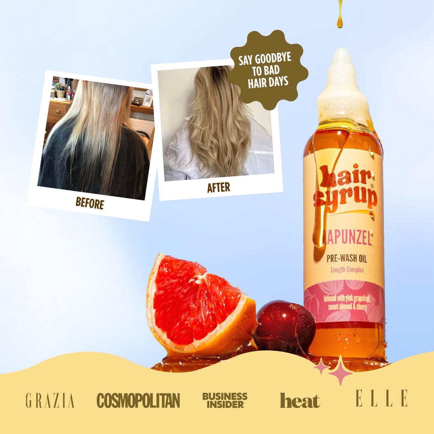 Hair Syrup | Rapunzel Pre-Wash Hair Oil | Infused with Pink Grapefruit, Sweet Almond & Cherry | Revitalise Your Scalp & Mind | Vegan | 100% Natural | 100ml