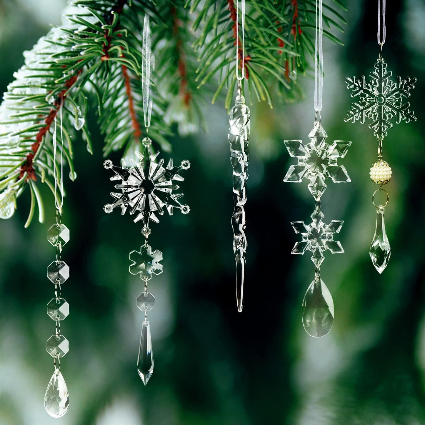 18pcs Crystal Ornaments - Acrylic Christmas Snowflake Icicle Drop for Tree, Winter, New Year Party Supplies