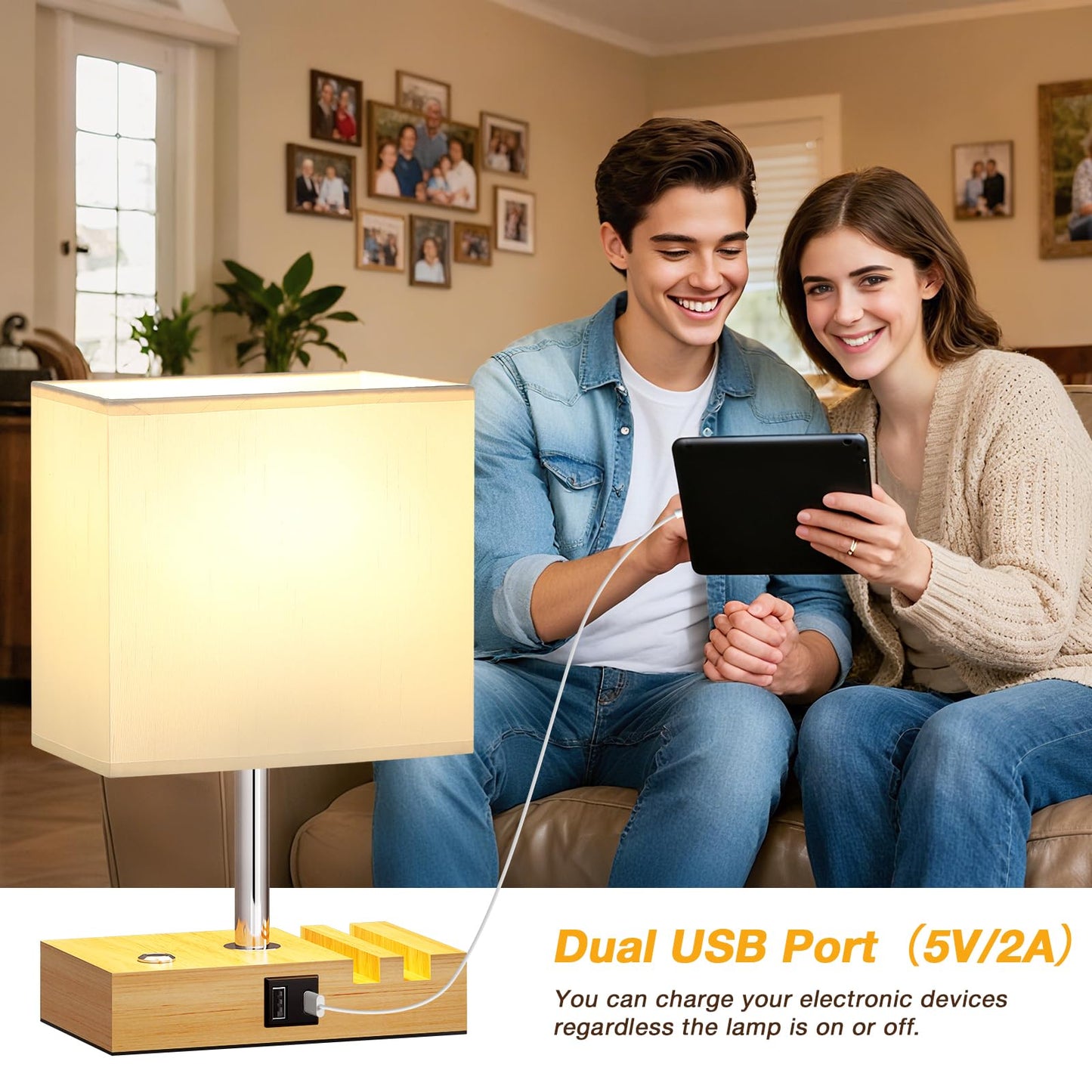 PreeOtti Bedside Lamps, Table Lamp for Living Room with USB A+C Charging Ports, 3-Way Dimmable Touch Lamps Bedside with 2 Phone Slots, Wood Charger Organizer for Bedroom, Study, Office(Bulb Included)
