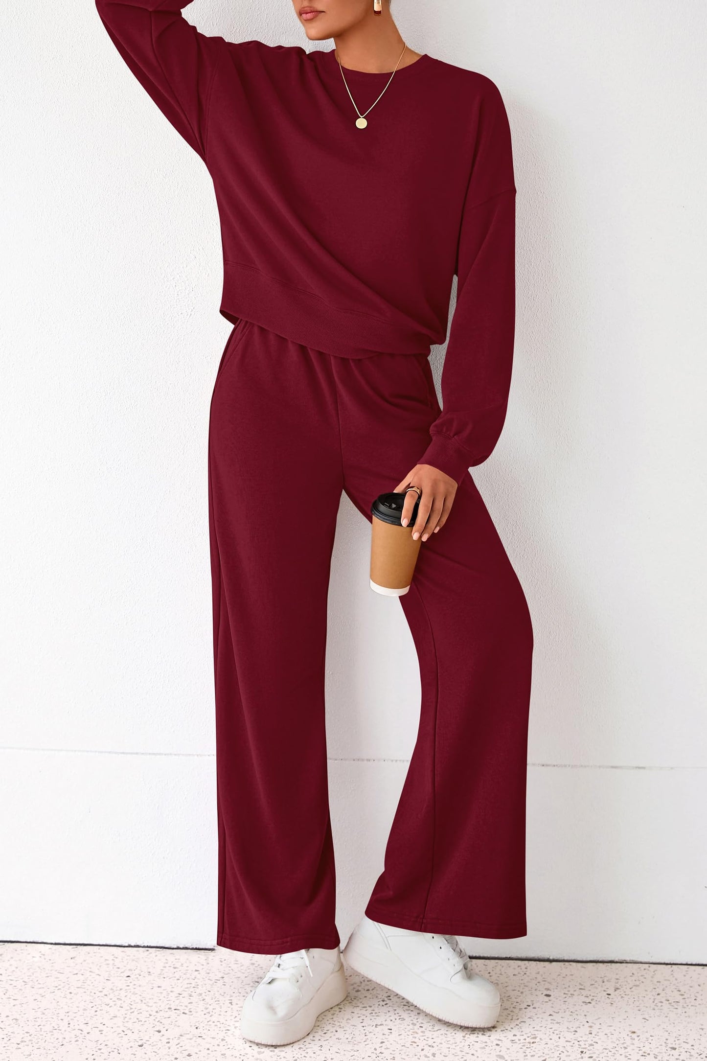 PRETTYGARDEN Women 2 Piece Outfits 2025 Fall Sweatsuits Crewneck Sweatshirt Wide Leg Sweatpants Lounge Sets Tracksuit(Burgundy,X-Small)