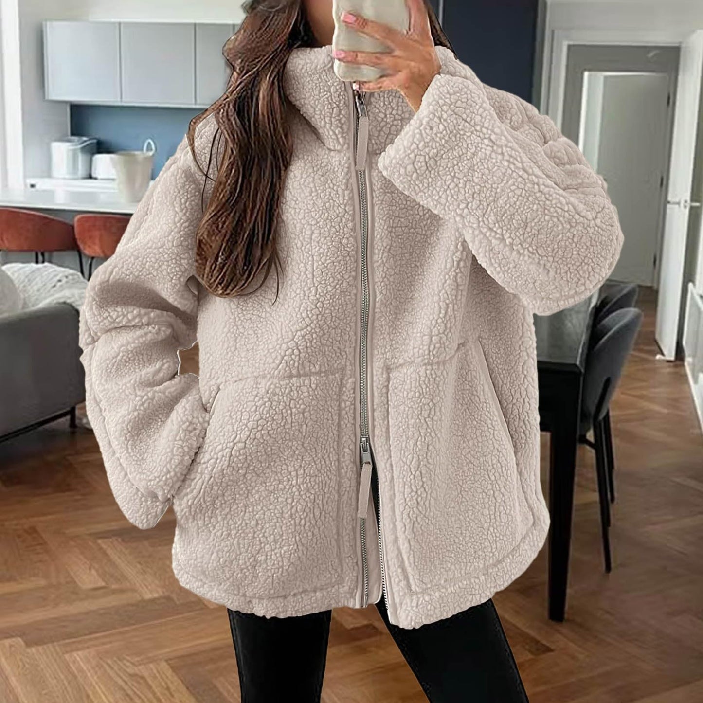 Vhersily 2025 Regal Women's Fleece Winter Warm with Zipper Short Bedroom Jacket without Hood Jackets Solid Color Plush Coat Comfortable Sherpa Fleece Jacket, beige, M