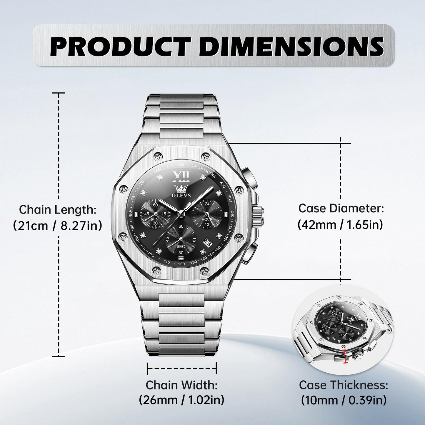 OLEVS Watch for Men Big Black Face Analog Quartz Diamond Mens Watches Chronograph Roman Numerals Stainless Steel Silver Men's Watch Luxury Large Wrist Waterproof Luminous Date Watches for Mens