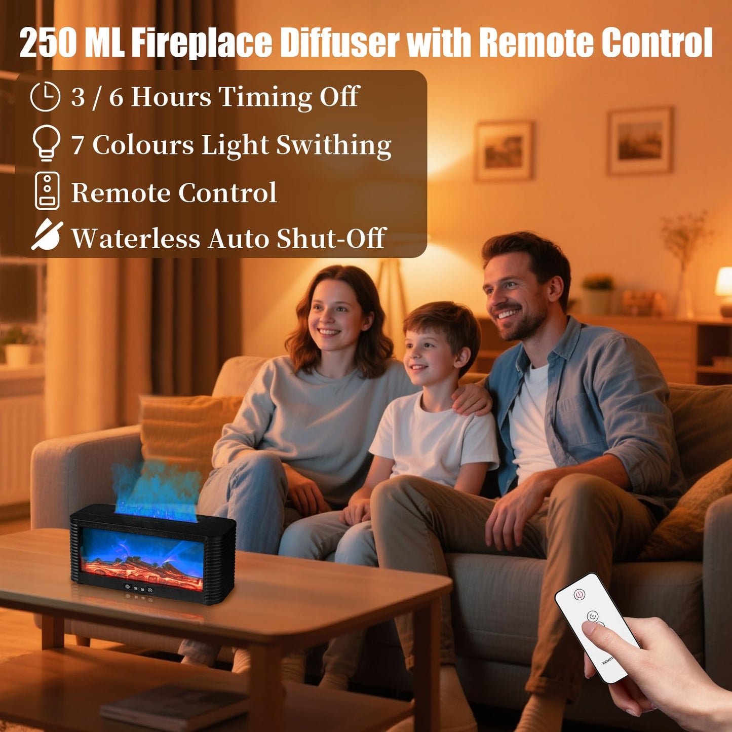 hzuisst Fireplace Diffuser, 7 Colours Flame Diffuser for Home with Timer, 250ml Waterless Auto Off Essential Oil Electric Diffuser for Home Bedroom Office