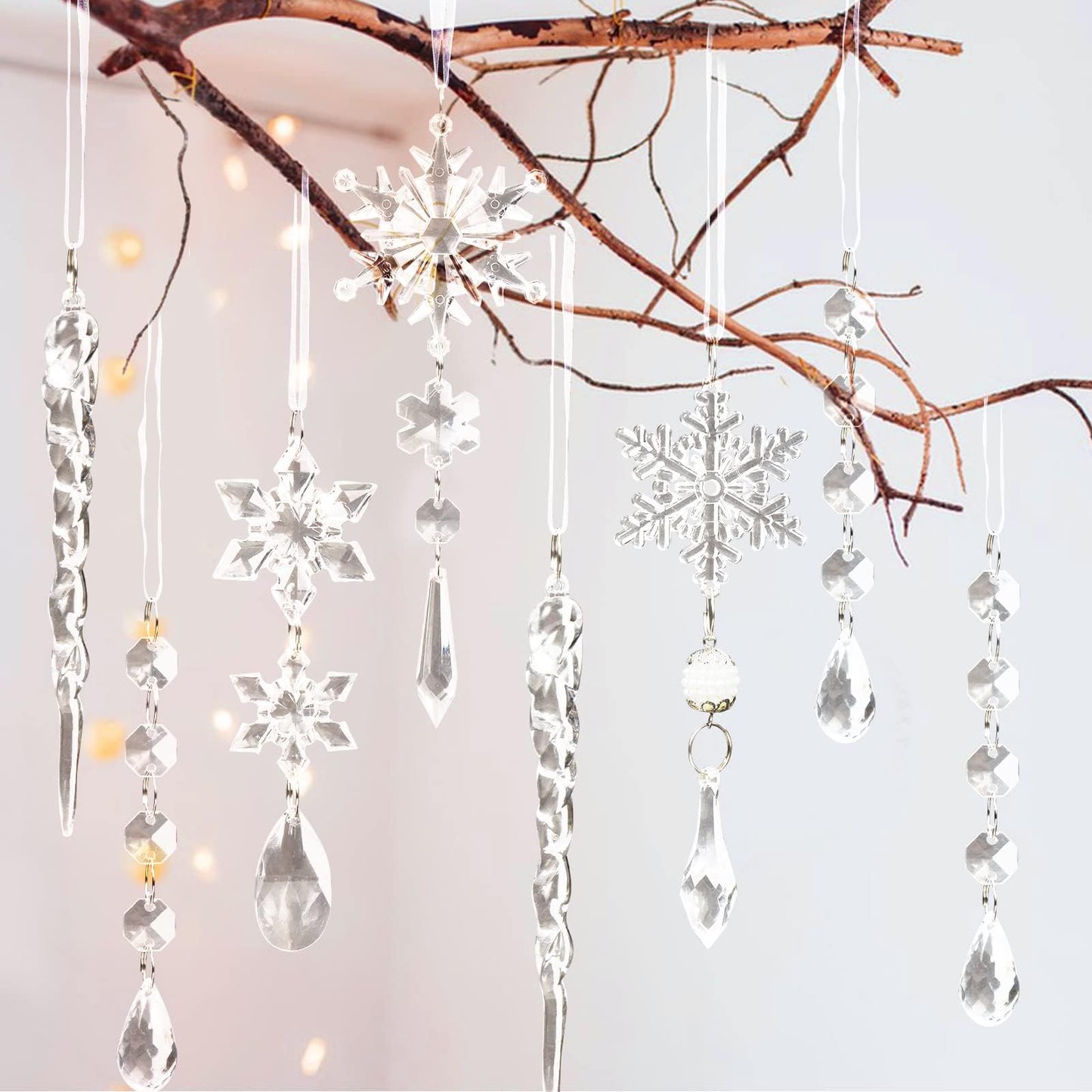 18pcs Crystal Ornaments - Acrylic Christmas Snowflake Icicle Drop for Tree, Winter, New Year Party Supplies