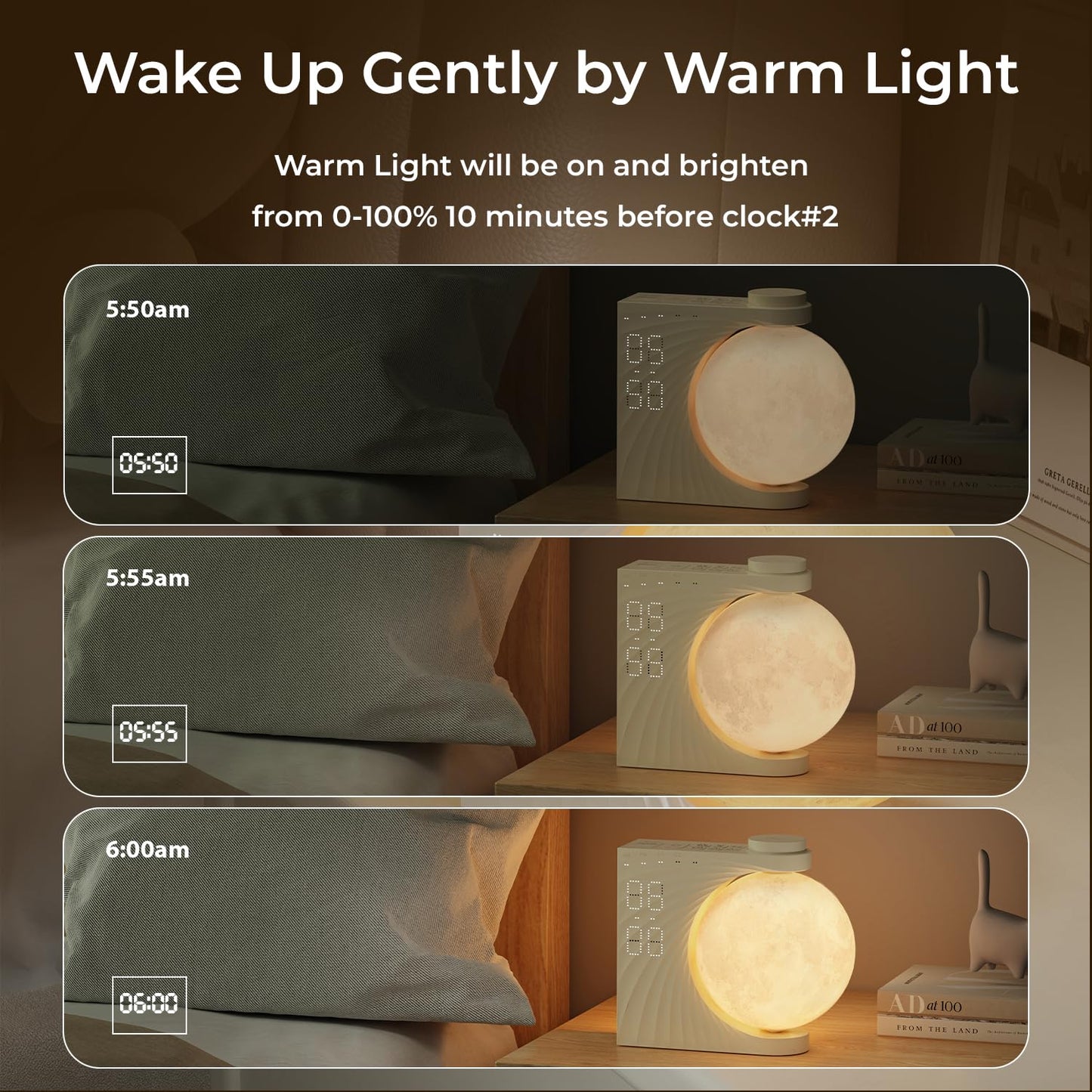 INSSISAIN Moon Lamp with Luminous Alarm Clock, 8 Colours LED Wake-up Light, Alarm Clock and Sound Machine with Moon Light, Double Alarm, Snooze Function, 10 Nature Sounds