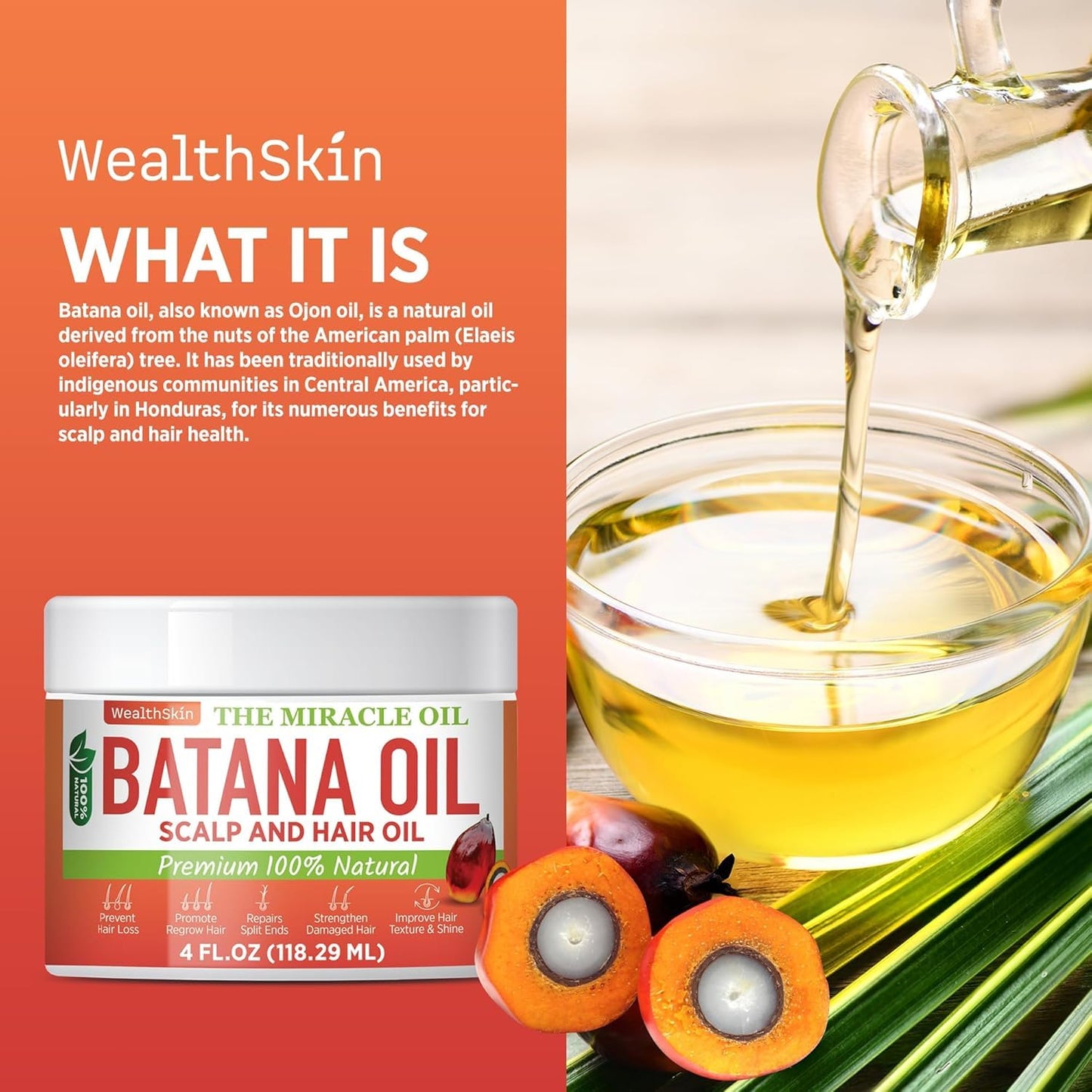 Wealthskin 100% Pure Batana Oil – Cold Pressed in Honduras | Natural Scalp & Hair Oil for Shine, Softness & Thicker-Looking Hair | Raw & Unrefined – 4 fl oz (118 ml)