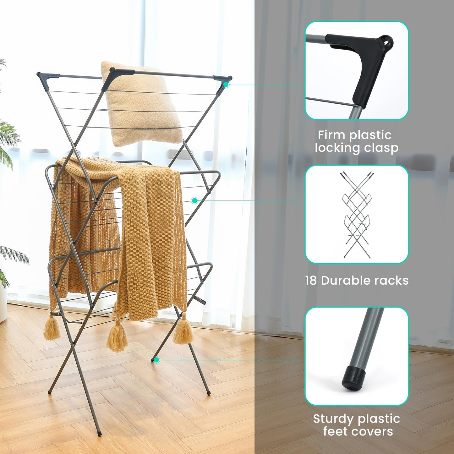 Rainberg 3 Tier Clothes Airer Drying Indoor and Outdoor, Heavy Duty Laundry Rack with Non-Slip Feet and Corner Spaces for Hangers, Flat foldable for Space Saving Washing Line, 14m Drying Space