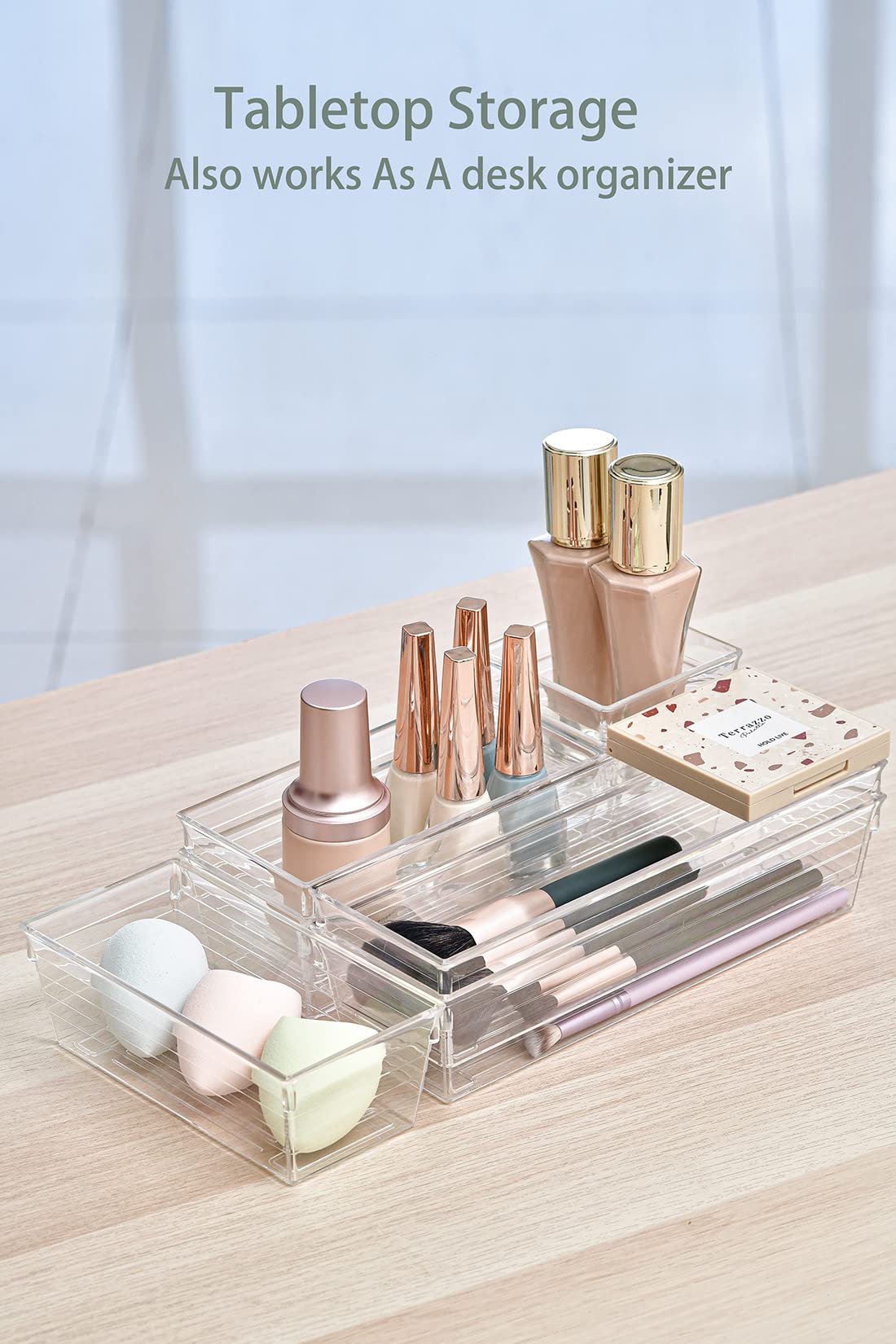 Grace Store 16 Pcs Clear Plastic Drawer Organiser Trays Desk Versatile Kitchen Drawer Organiser Bins Tray for Makeup Bedroom Office