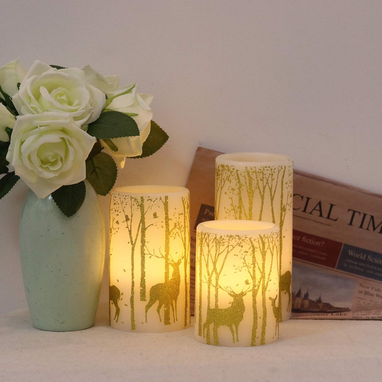 Eldnacele Flameless Candles Flickering with 6H Timer, 3 Pack Gold Reindeer Elk Decal Real Wax Candles Lights LED Flames for Christmas Home Decoration Powered by 3 AAA Batteries