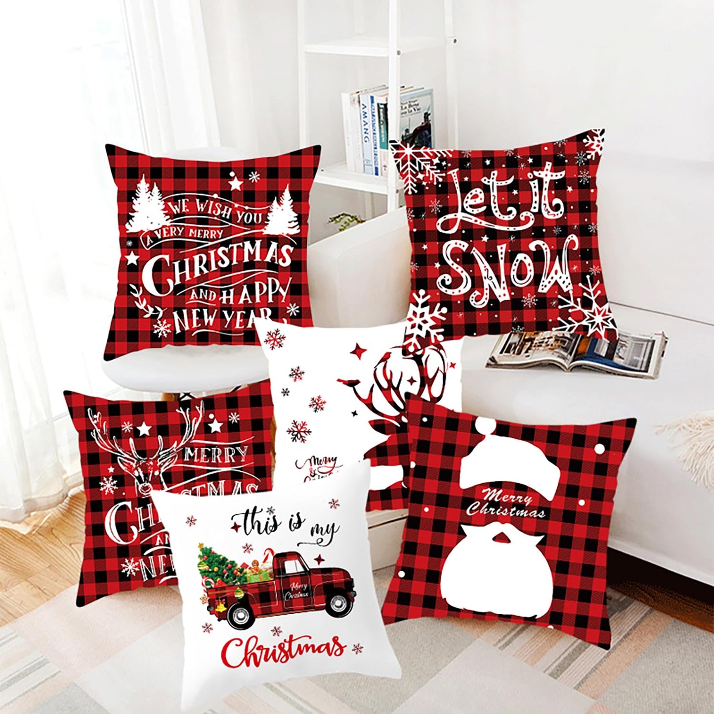 AMLOOPH Christmas Cushion Covers Set Of 6, Christmas Decorations Indoor Decor Red Black Strip Tartan Sofa Cushion Covers 45 X 45 cm Soft Plush Christmas Throw Pillow Covers Cases For Xmas Decorations