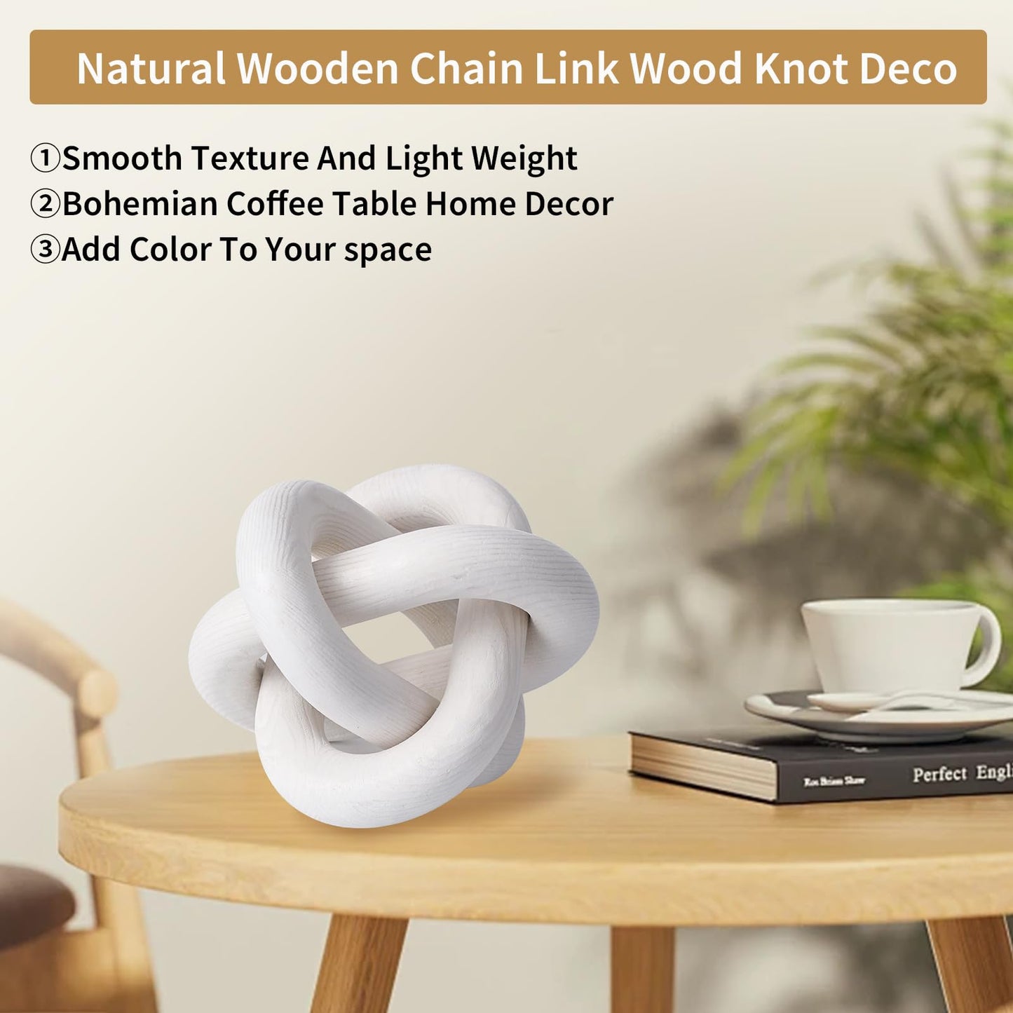 Yunjuhop Wood Knot Decor, 3-Link Chain, White, Home Decor, Farmhouse, Boho Style, Waterproof, 3.15x3.15x3.15 inches, 0.14 kg