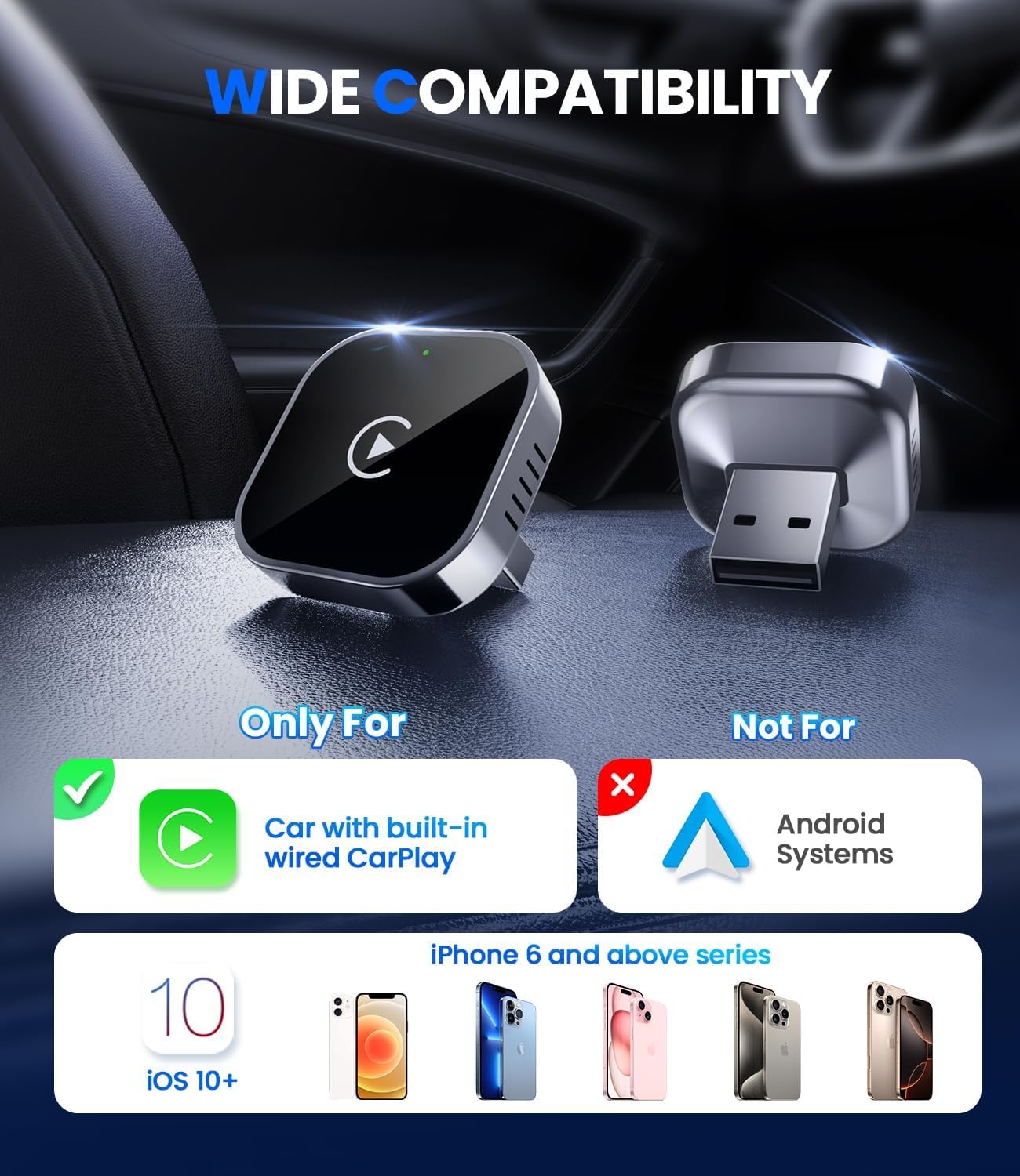 Wireless Carplay Adapter Uk 2025 Upgrade - 2-in-1 Plug and Play USB to Wireless Car Adapter for iPhone & Android, Seamless Bluetooth Connectivity for Car Stereo, Auto Link Car Accessories (E)