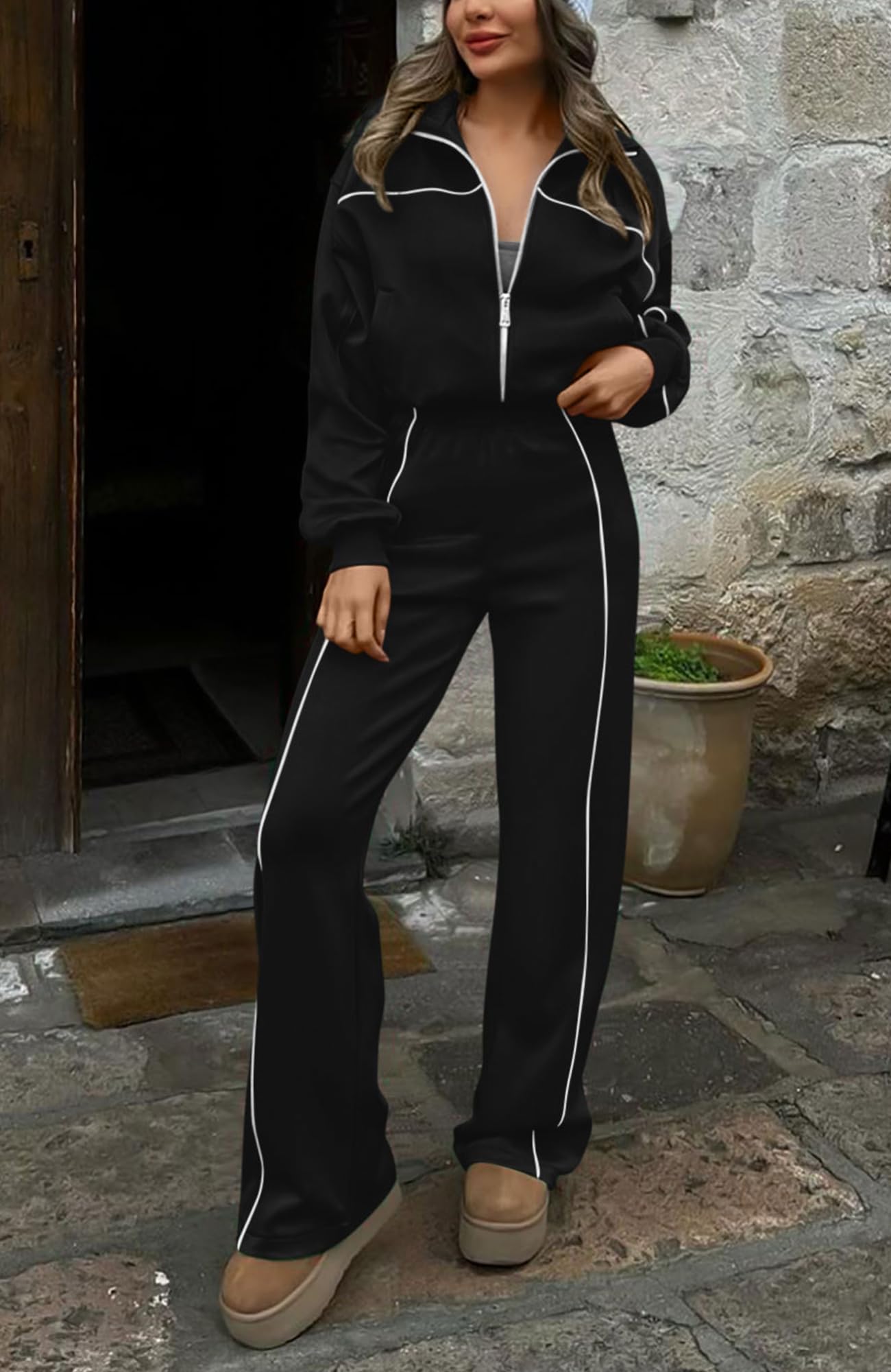 BTFBM Women's Two Piece Tracksuit Fall 2025 Long Sleeve Zip Up Sweatshirt Long Pants Outfits Jogger Sweatsuit Sets(Black,X-Large)