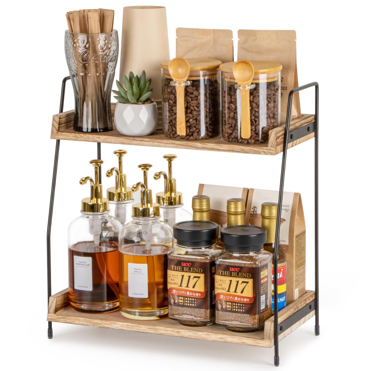 ANBOXIT Coffee Station Organizer for Countertop, 2 Tier Coffee Bar Accessories and Organizer, Wooden Kitchen Storage & Organisation, Countertop Organiser for Kitchen, Home, Office - Brown