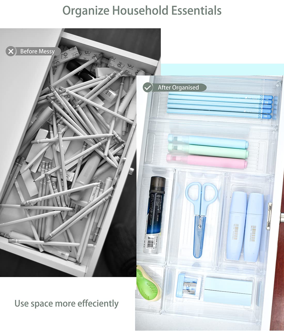 Grace Store 16 Pcs Clear Plastic Drawer Organiser Trays Desk Versatile Kitchen Drawer Organiser Bins Tray for Makeup Bedroom Office
