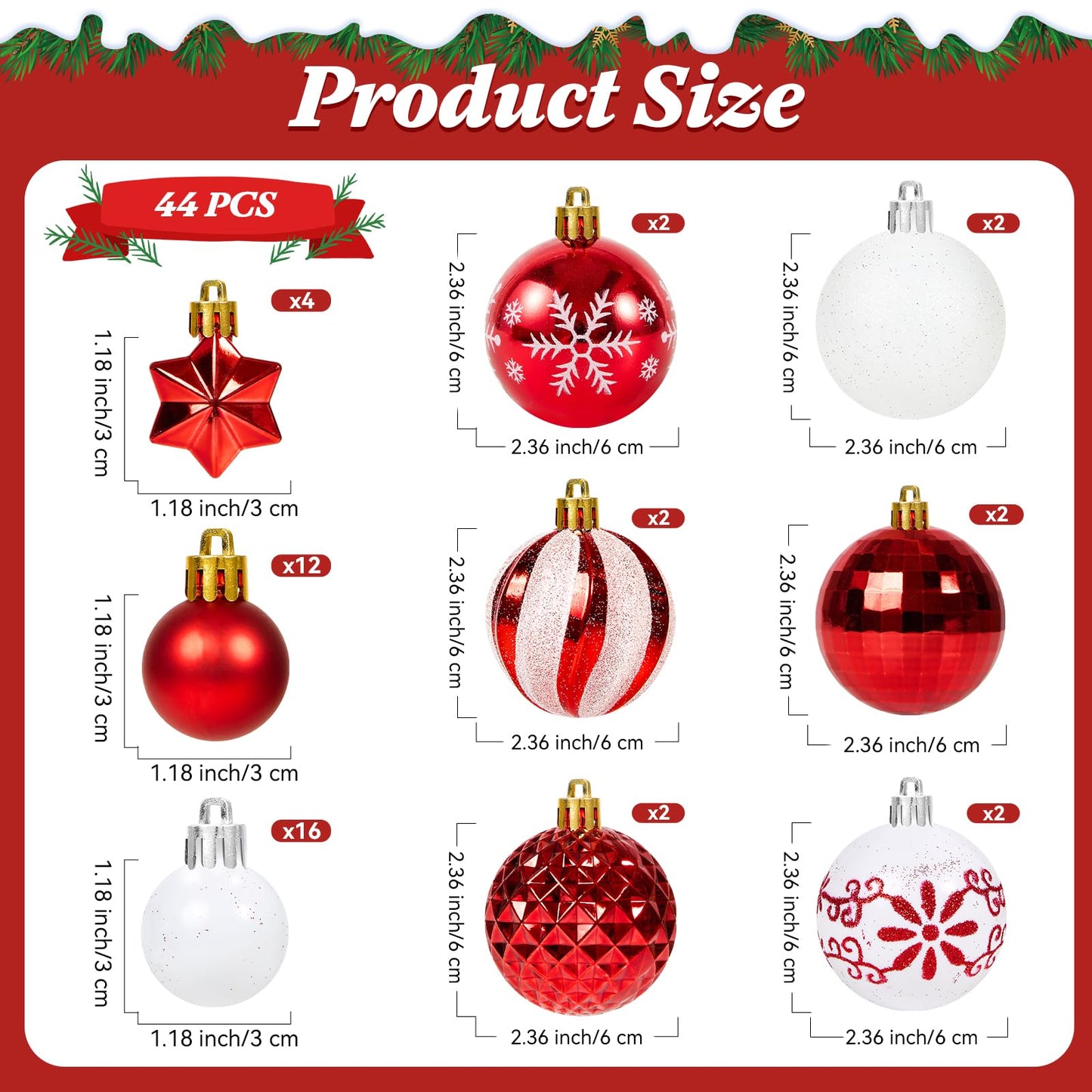 Fuyuleyo 44Pcs Christmas Baubles, Red and White Christmas Tree Decorations Set, Shatterproof Xmas Balls Ornaments Tree Baubles for Hanging Xmas Decorations Festive Holiday Home Decor