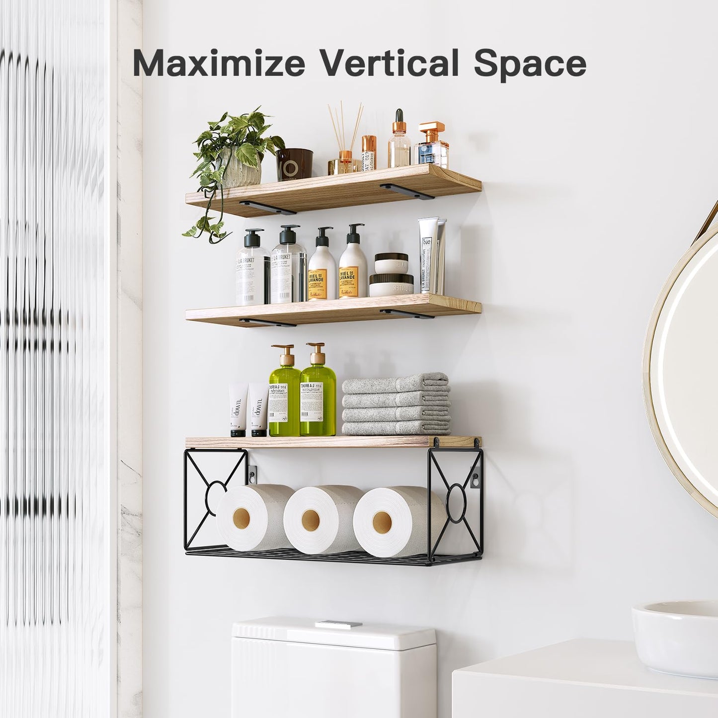 Pipishell Floating Shelves with Wire Strorage Basket, Paulownia Wood Bathroom Shelves for Home Organization & Wall Decor, Bathroom/Kitchen/Living Room/Office Shelves, Set of 3+1, Natural