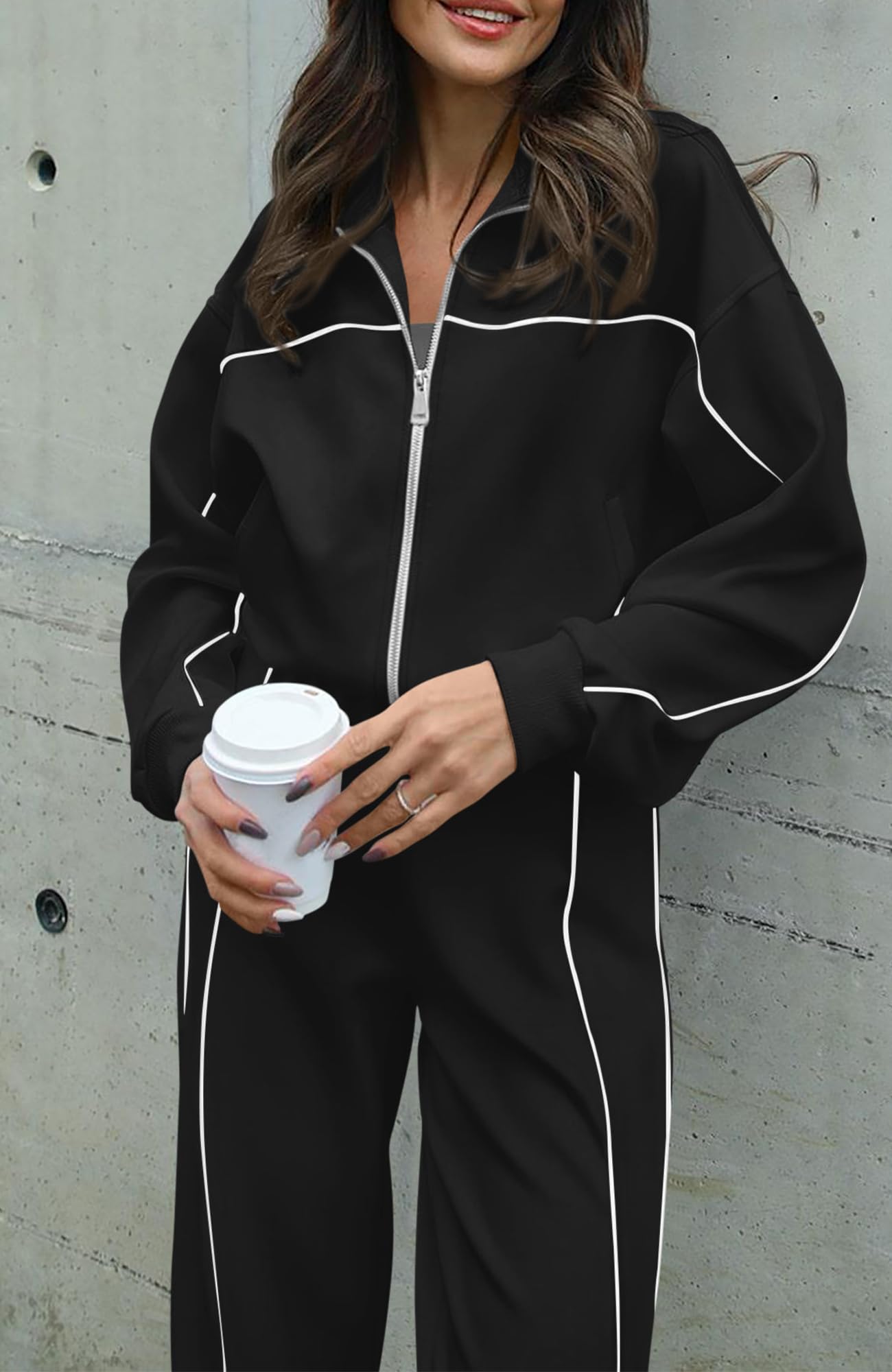 BTFBM Women's Two Piece Tracksuit Fall 2025 Long Sleeve Zip Up Sweatshirt Long Pants Outfits Jogger Sweatsuit Sets(Black,X-Large)