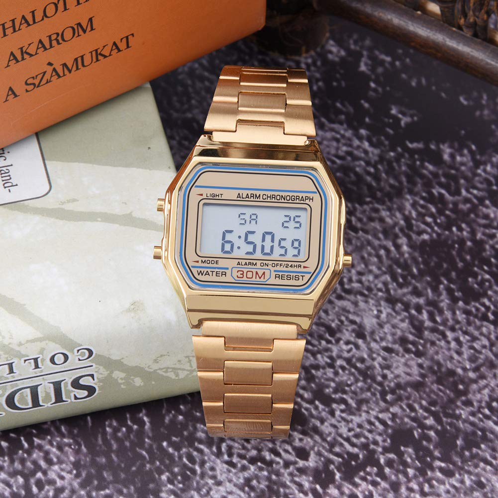 Wristwatch, 3Colors Digital Watch for Men & Women, Digital LED Back Light Electronic Stainless Steel Bracelet Strap Watch Rectangle Wristwatch, Gold