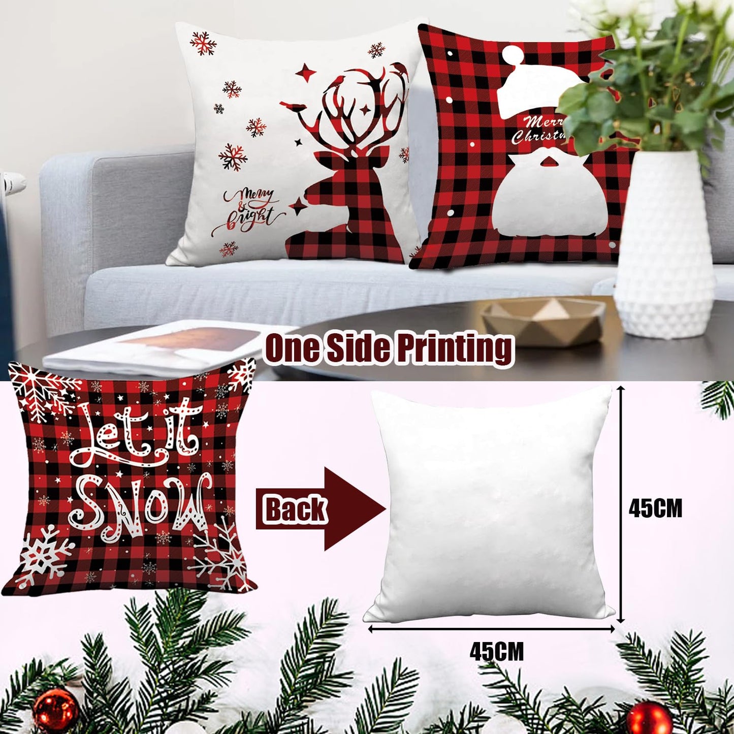 AMLOOPH Christmas Cushion Covers Set Of 6, Christmas Decorations Indoor Decor Red Black Strip Tartan Sofa Cushion Covers 45 X 45 cm Soft Plush Christmas Throw Pillow Covers Cases For Xmas Decorations