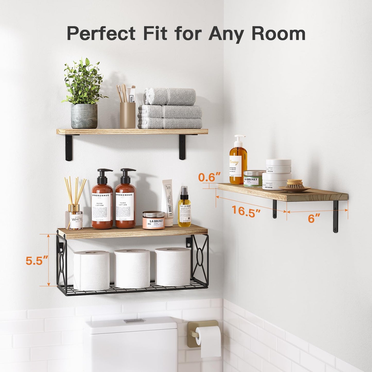 Pipishell Floating Shelves with Wire Strorage Basket, Paulownia Wood Bathroom Shelves for Home Organization & Wall Decor, Bathroom/Kitchen/Living Room/Office Shelves, Set of 3+1, Natural