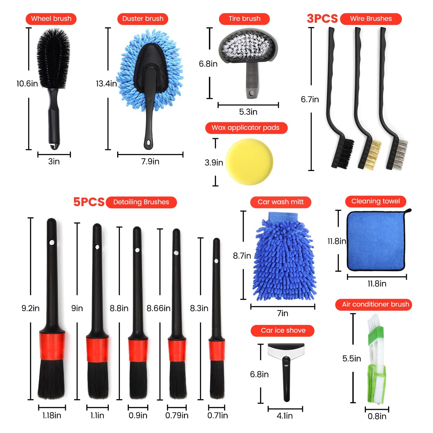 GUANJUNE 18Pcs Car Wash Cleaning Kit with Wash Mitt Sponge Towels, Tire Brush Tool Set, Interior Exterior Car Care Detailing Set for Car Motorcycle Bike Cleaning Wheels, Engine, Emblems, Air Vents