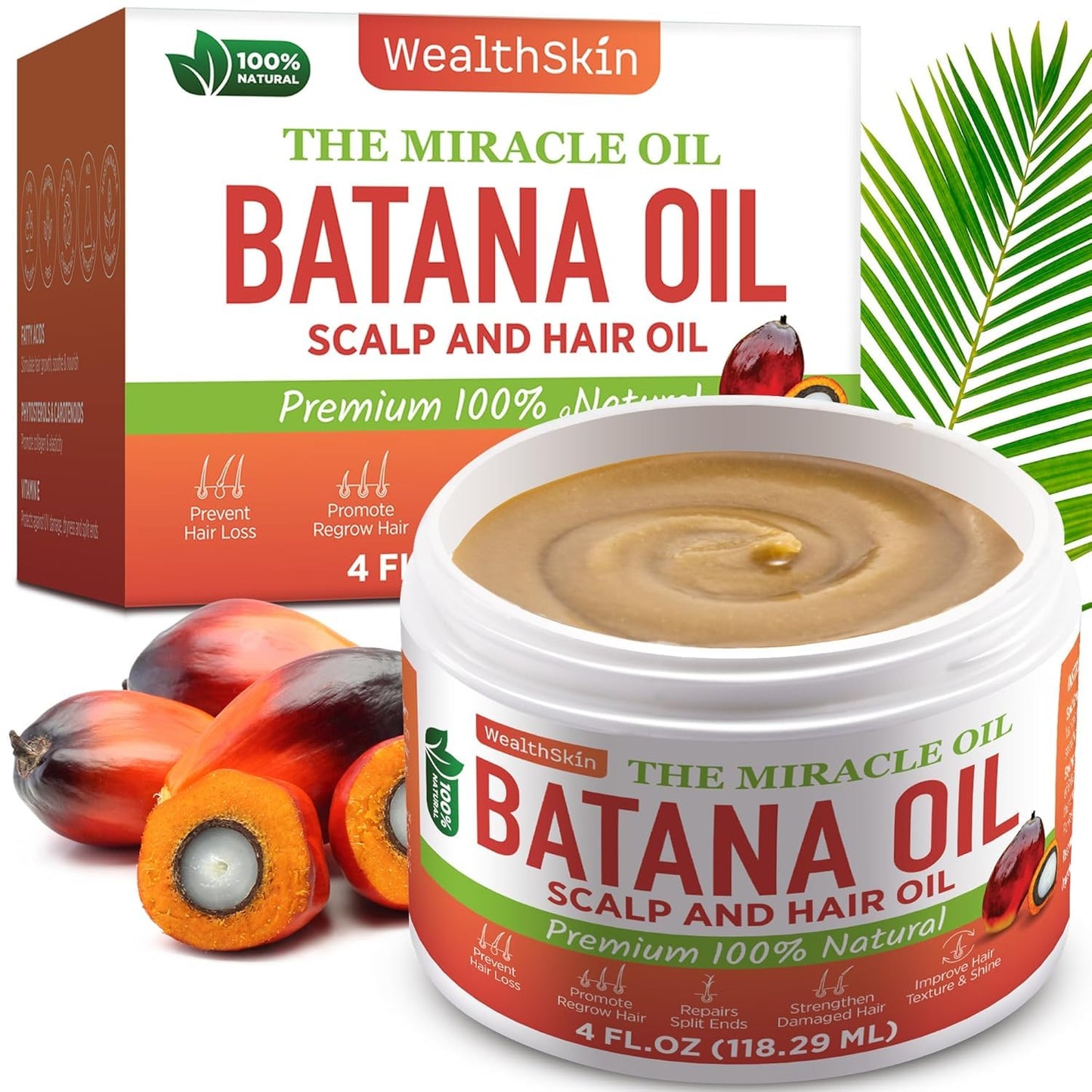 Wealthskin 100% Pure Batana Oil – Cold Pressed in Honduras | Natural Scalp & Hair Oil for Shine, Softness & Thicker-Looking Hair | Raw & Unrefined – 4 fl oz (118 ml)