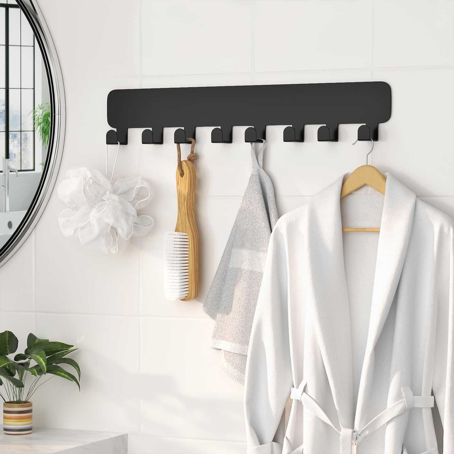 pickpiff Key Holder for Wall Self Adhesive, Key Hooks with 8 Hooks Wall Mounted, Black Key Hangers No Drill for Living Room, Kitchen, Office