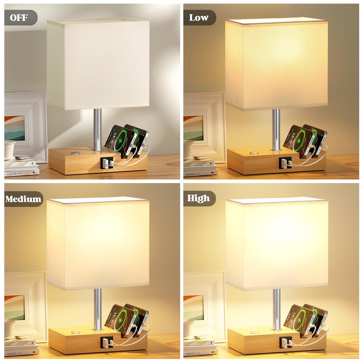 PreeOtti Bedside Lamps, Table Lamp for Living Room with USB A+C Charging Ports, 3-Way Dimmable Touch Lamps Bedside with 2 Phone Slots, Wood Charger Organizer for Bedroom, Study, Office(Bulb Included)